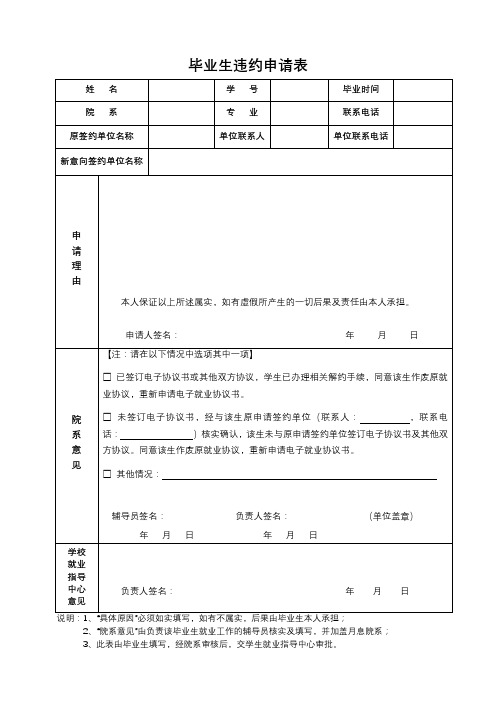 毕业生违约申请表【模板】