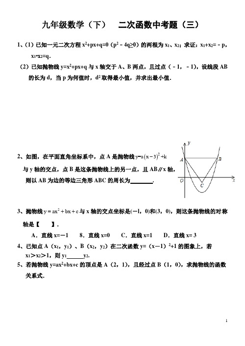 2015-2016年二次函数中考题 (三至七份)