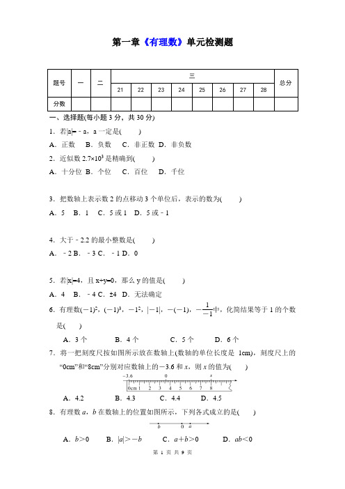 人教版七年级数学上册第一章《有理数》单元同步检测试题(含答案)