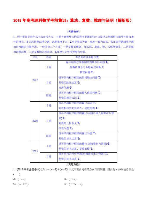 2018年高考理科数学考前集训:算法、复数、推理与证明(解析版)