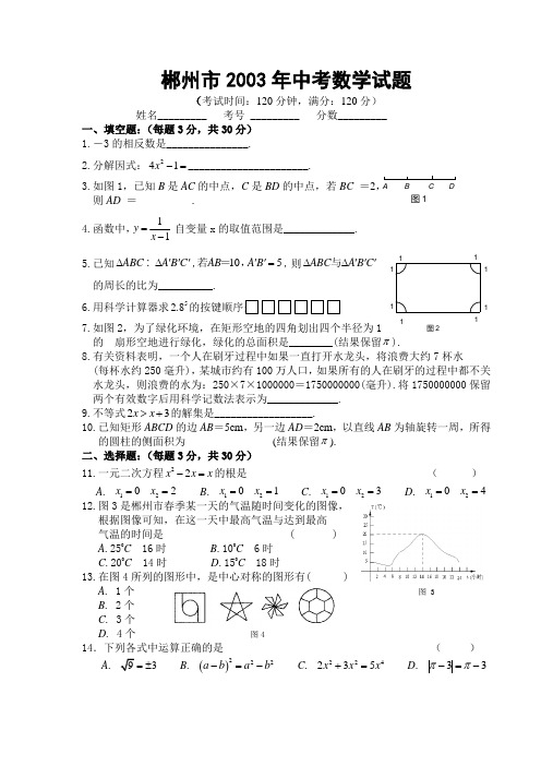2003年郴州市中考数学试题及答案