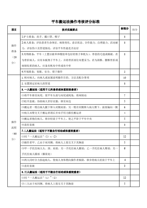 平车搬运法操作考核评分标准