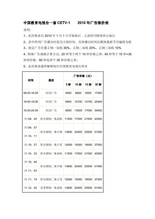 中国教育电视台一套CETV-1    2010年广告报价表