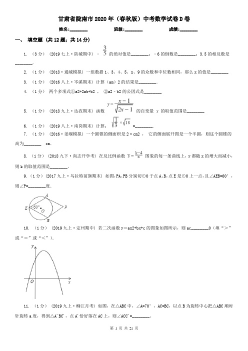 甘肃省陇南市2020年(春秋版)中考数学试卷D卷