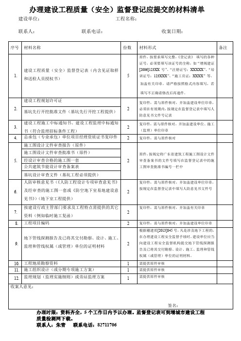 办理建设工程质量(安全)监督登记应提交的材料清单