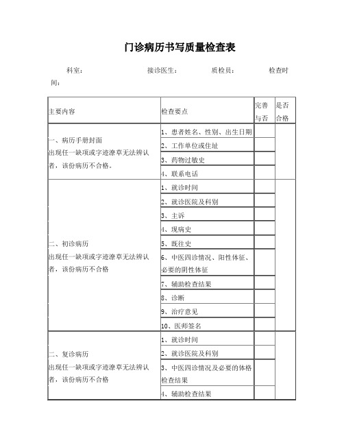 门诊病历书写质量检查评分表