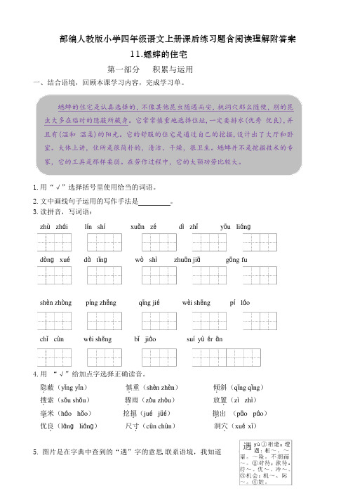 精品版小学四年级语文上册11《蟋蟀的住宅》课后练习题含阅读理解附答案精品