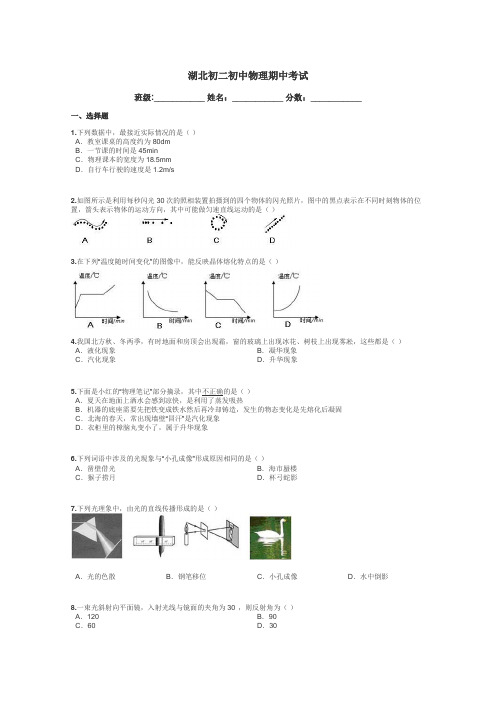 湖北初二初中物理期中考试带答案解析
