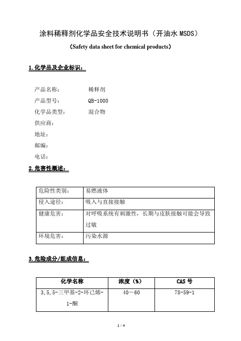 涂料稀释剂化学品安全技术说明书(开油水MSDS)