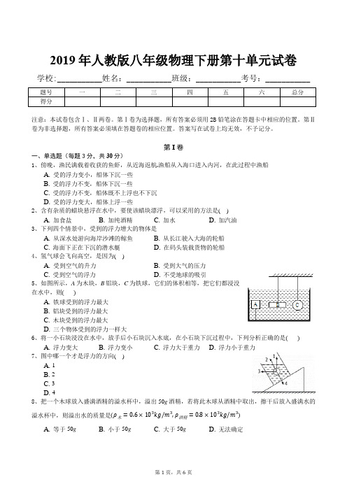 2019年人教版八年级物理下册第十单元试卷(浮力)及答案