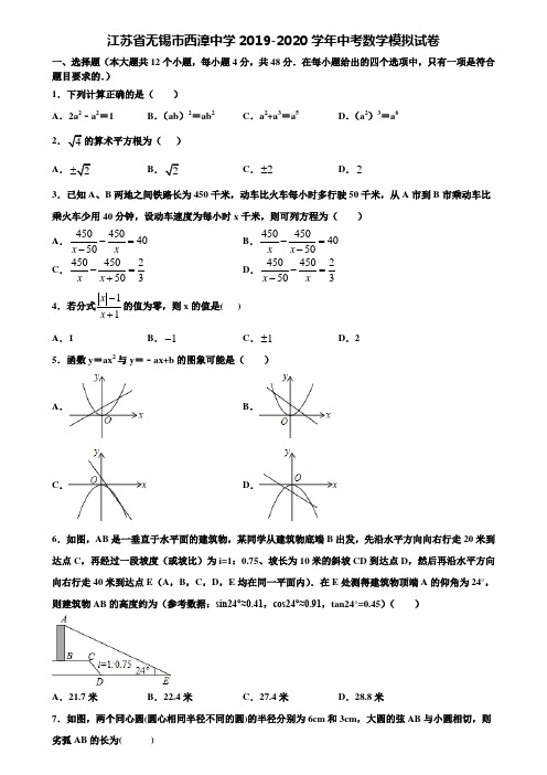 【附20套中考模拟试题】江苏省无锡市西漳中学2019-2020学年中考数学模拟试卷含解析