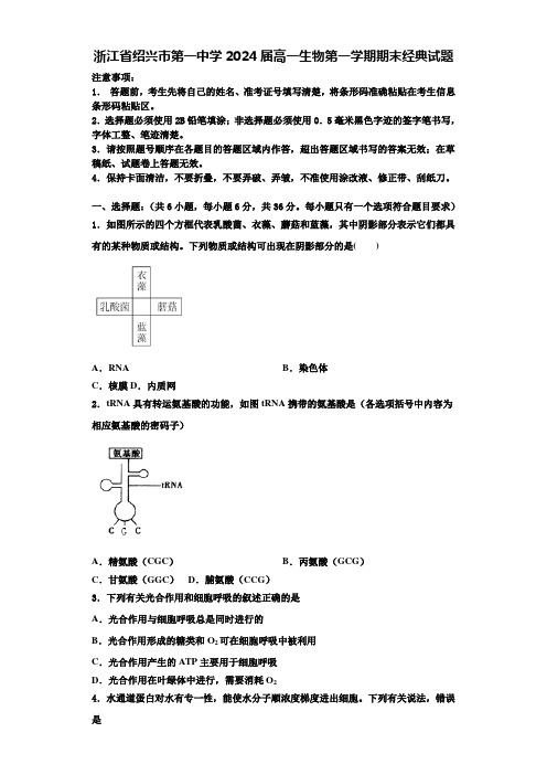 浙江省绍兴市第一中学2024届高一生物第一学期期末经典试题含解析