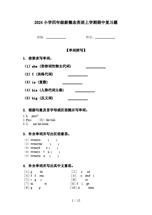 2024小学四年级新概念英语上学期期中复习题