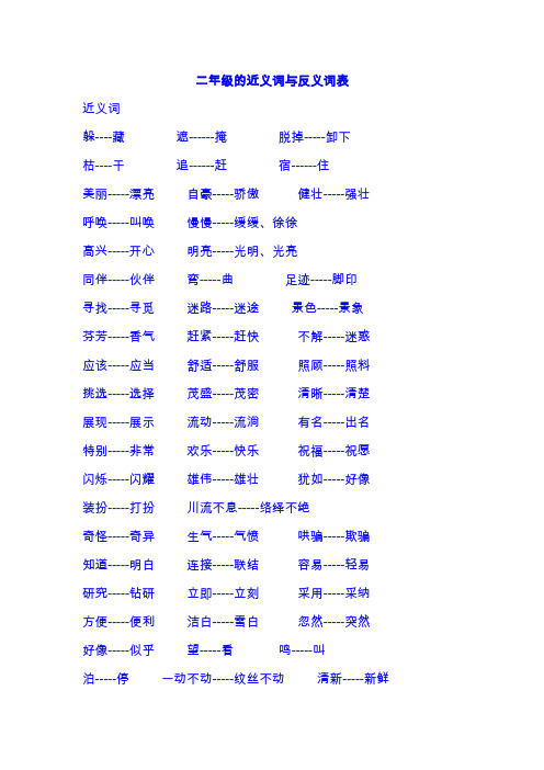 人教版小学二年级语文复习近义词和反义词表+看拼音写词语