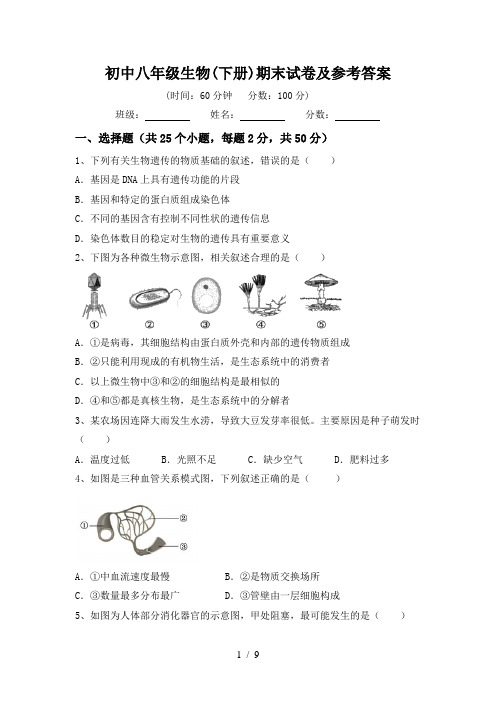 初中八年级生物(下册)期末试卷及参考答案