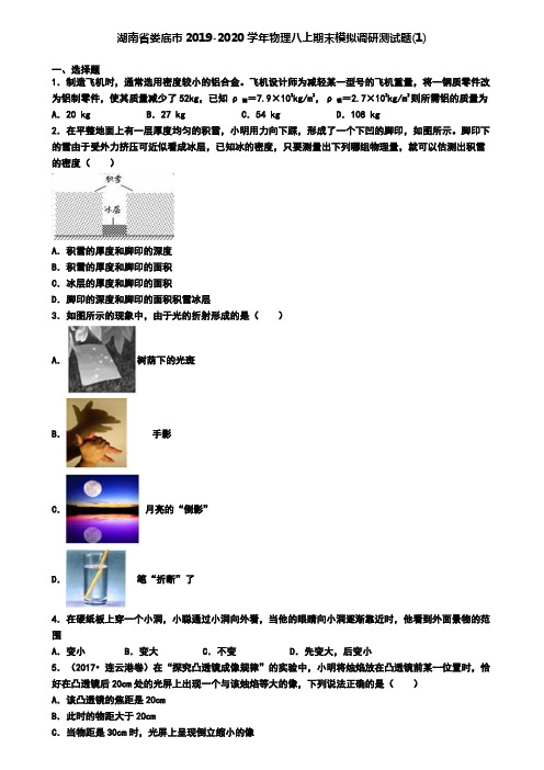 湖南省娄底市2019-2020学年物理八上期末模拟调研测试题(1)