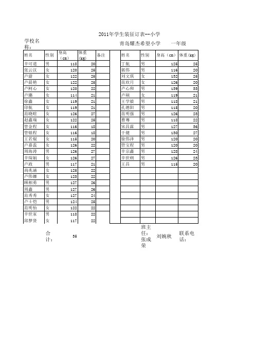 青岛耀杰希望小学级学生装征订表