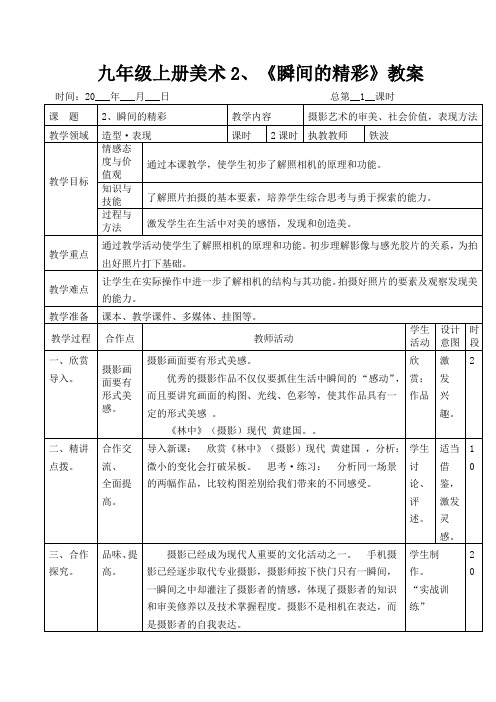 九年级上册美术2、《瞬间的精彩》教案