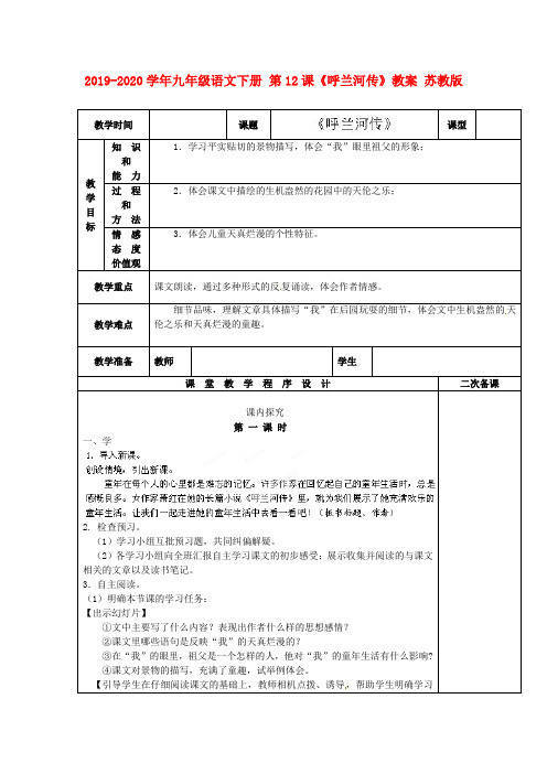 2019-2020学年九年级语文下册 第12课《呼兰河传》教案 苏教版.doc