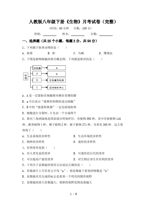 人教版八年级下册《生物》月考试卷(完整)