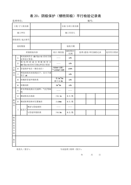 【燃气监理用表】阴极保护(牺牲阳极)平行检验记录表