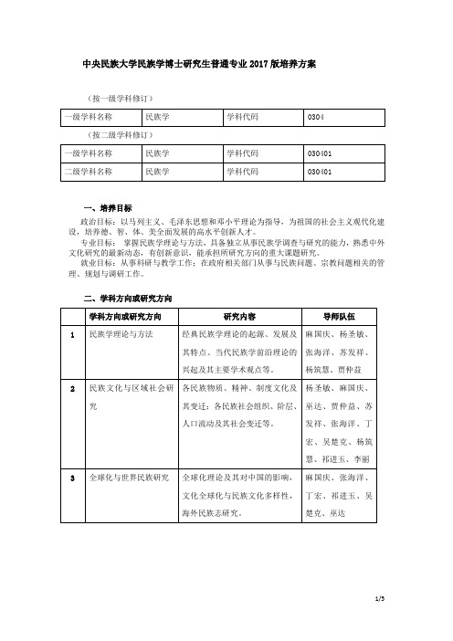 中央民族大学民族学博士研究生培养方案2017版