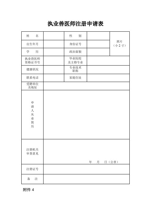 执业兽医师注册申请表