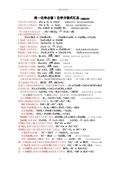 人教版高一化学必修1化学方程式(加粗必背)-自己总结的最全的方程式精编版