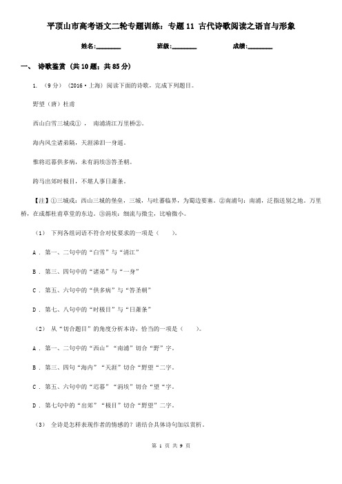 平顶山市高考语文二轮专题训练:专题11 古代诗歌阅读之语言与形象