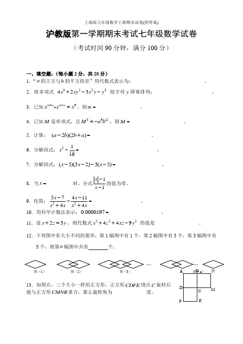 上海版七年级数学上册期末试卷(附答案)