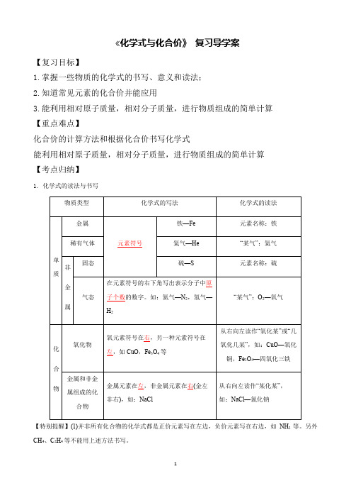 九年级化学《化学式与化合价》 复习导学案