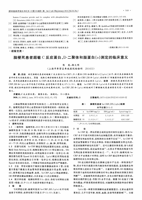 脑梗死患者超敏C反应蛋白、D-二聚体和脂蛋白(a)测定的临床意义