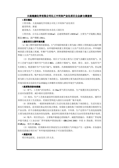 《大连瑞康化学有限公司化工中间体产业化项目公众参与调查表》