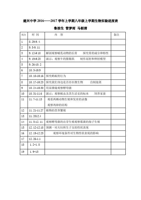 八年级上学期生物实验进度表(北师大版)