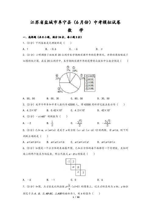 江苏省盐城市阜宁县6月中考数学模拟试卷(含解析)