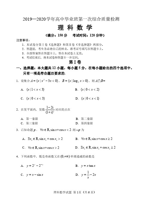 2020届高三毕业班第一次综合质量检测数学(理)试题—附答案