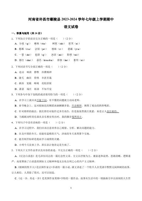 河南省许昌市鄢陵县2023-2024学年七年级上学期期中语文试卷(含解析)