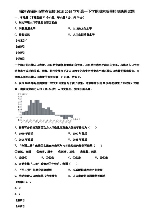 福建省福州市重点名校2018-2019学年高一下学期期末质量检测地理试题含解析