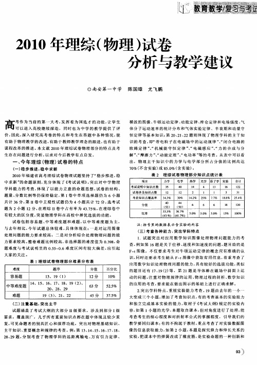 2010年理综(物理)试卷分析与教学建议