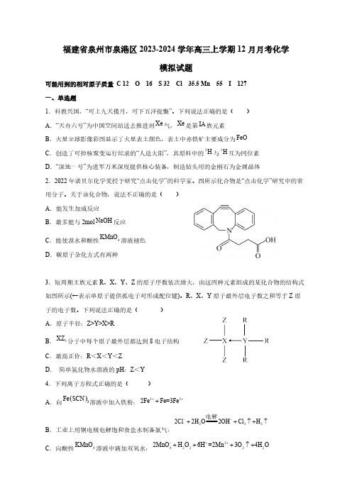 福建省泉州市泉港区2023-2024学年高三上学期12月月考化学模拟试题(含答案)