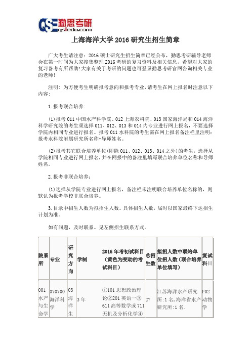 上海海洋大学2016研究生招生简章