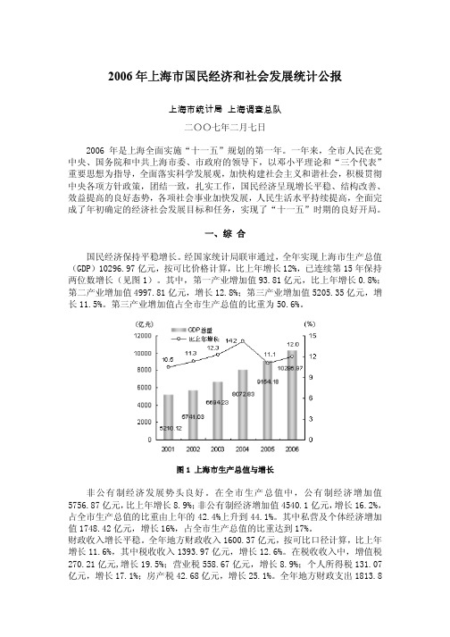 2006年上海市国民经济和社会发展统计公报