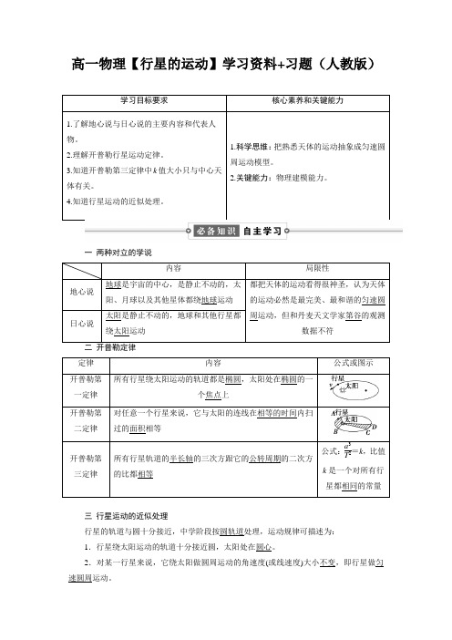 高一物理【行星的运动】学习资料+习题(人教版)