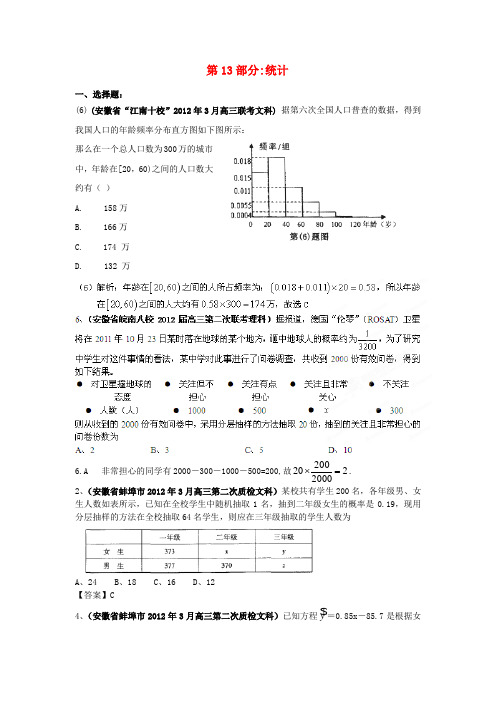 安徽省各地市2012年高考数学最新联考试题分类大汇编(13)统计