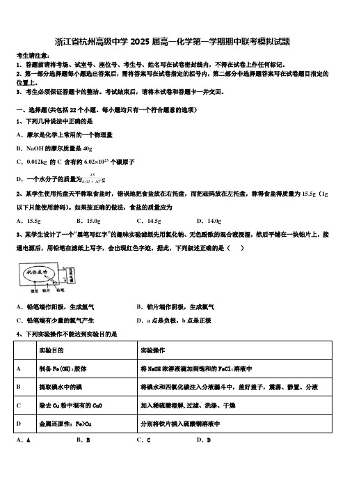 浙江省杭州高级中学2025届高一化学第一学期期中联考模拟试题含解析