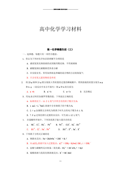 人教版必修一高中化学高一寒假作业化学(三)Word版含答案.docx