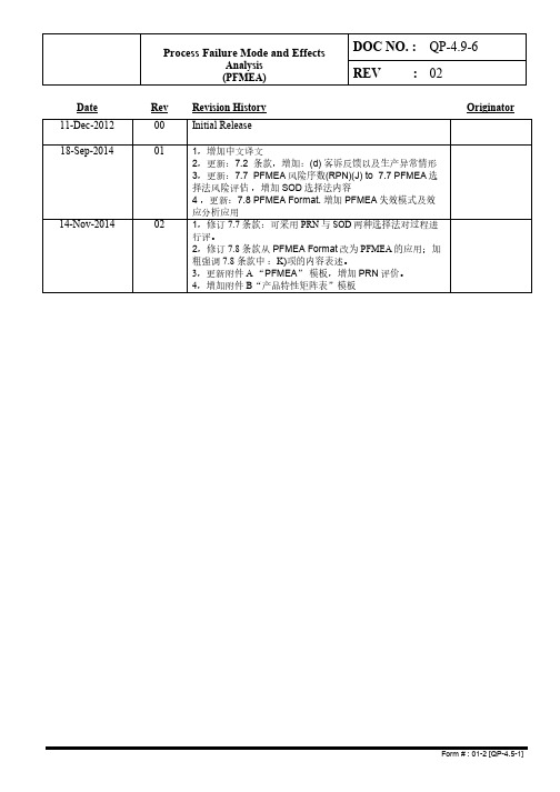 ISO9001 制程失效模式及影响分析(PFMEA)