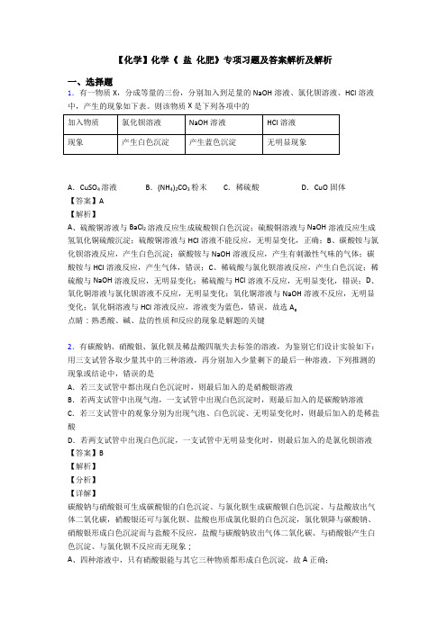 【化学】化学《 盐 化肥》专项习题及答案解析及解析