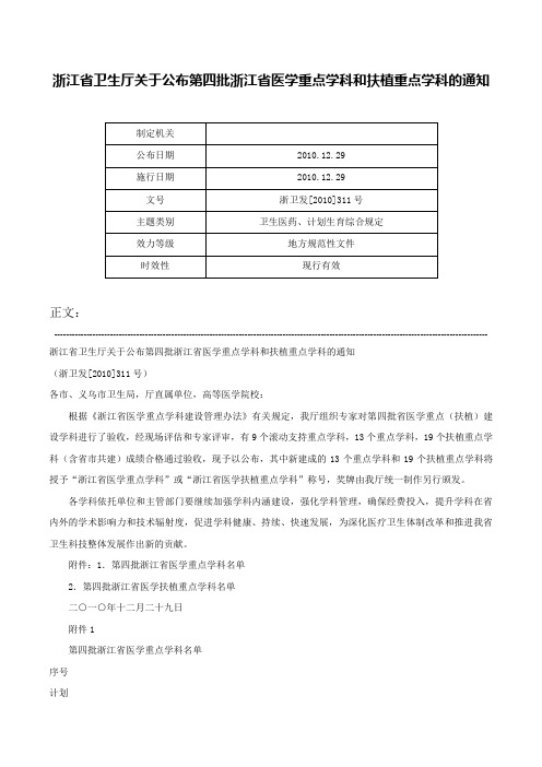 浙江省卫生厅关于公布第四批浙江省医学重点学科和扶植重点学科的通知-浙卫发[2010]311号