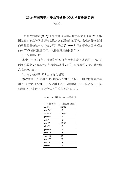 2016年国家春小麦品种试验DNA指纹检测总结